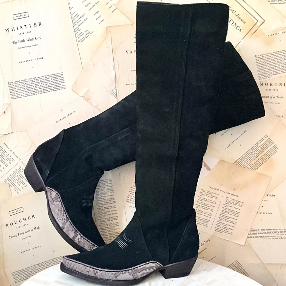 Free People Sterling Knee Hi Tall Slouchy Western Boot Black Suede